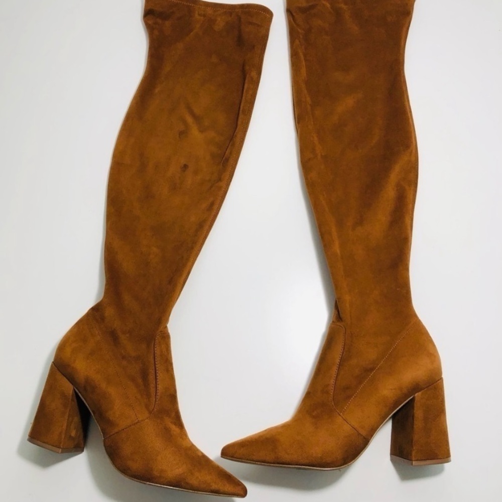 Brown suede, knee high boots, small heel